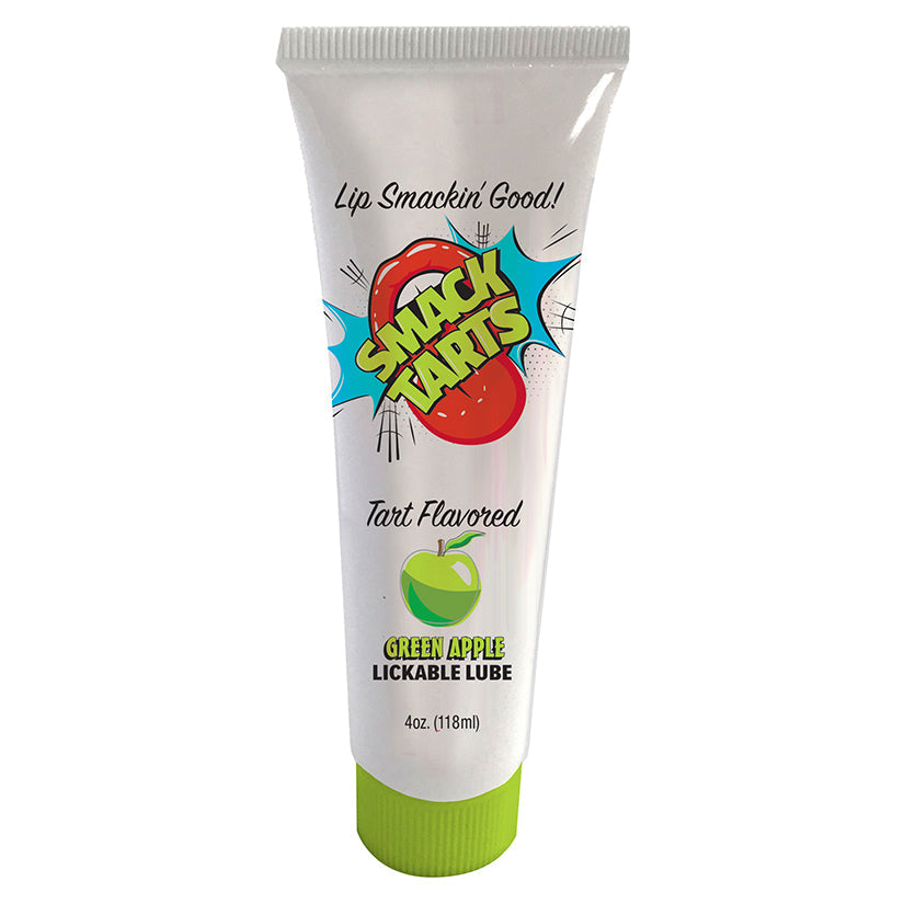 Lickable lube tube with green apple label, white tube and green cap