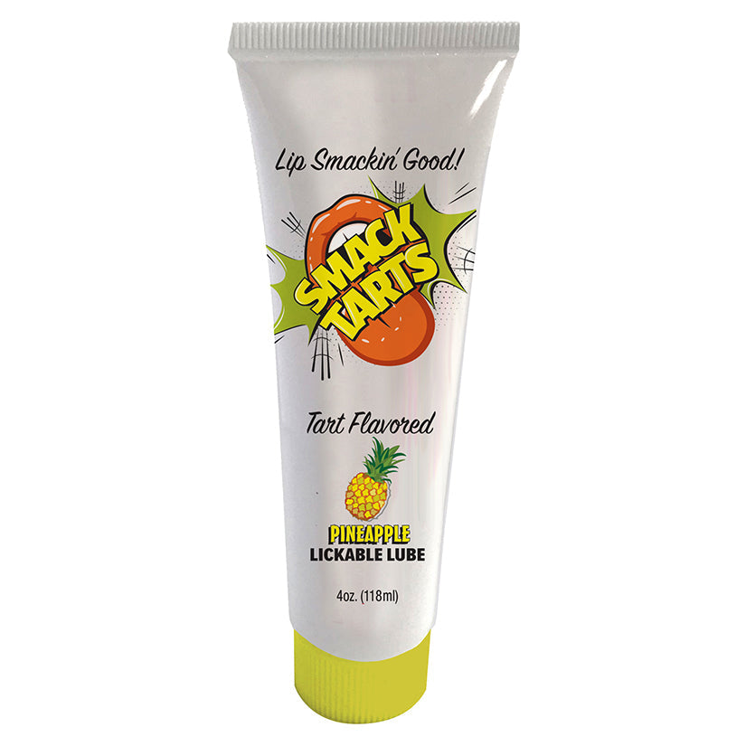Pineapple flavored lickable lip lube tube, white with green squeeze cap.
