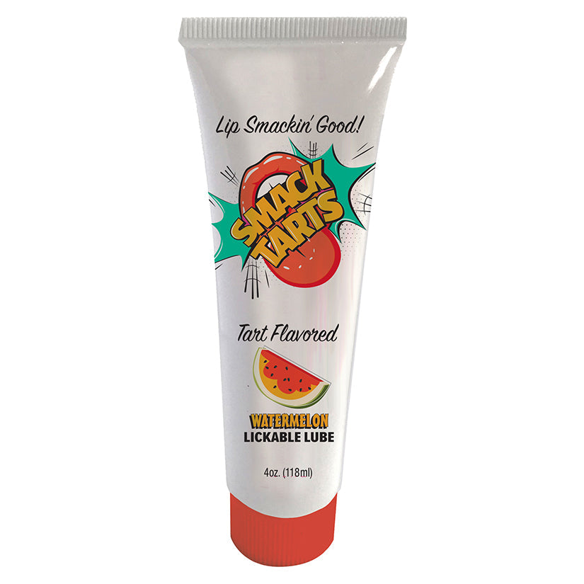 Lickable lube squeeze tube with tart watermelon flavor, white tube with Smack Tarts graphics