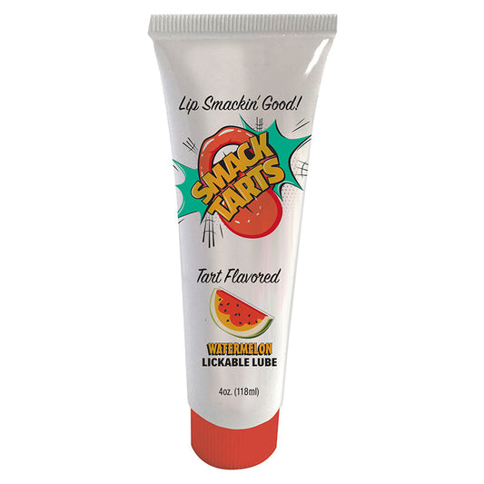 Lickable lube squeeze tube with tart watermelon flavor, white tube with Smack Tarts graphics