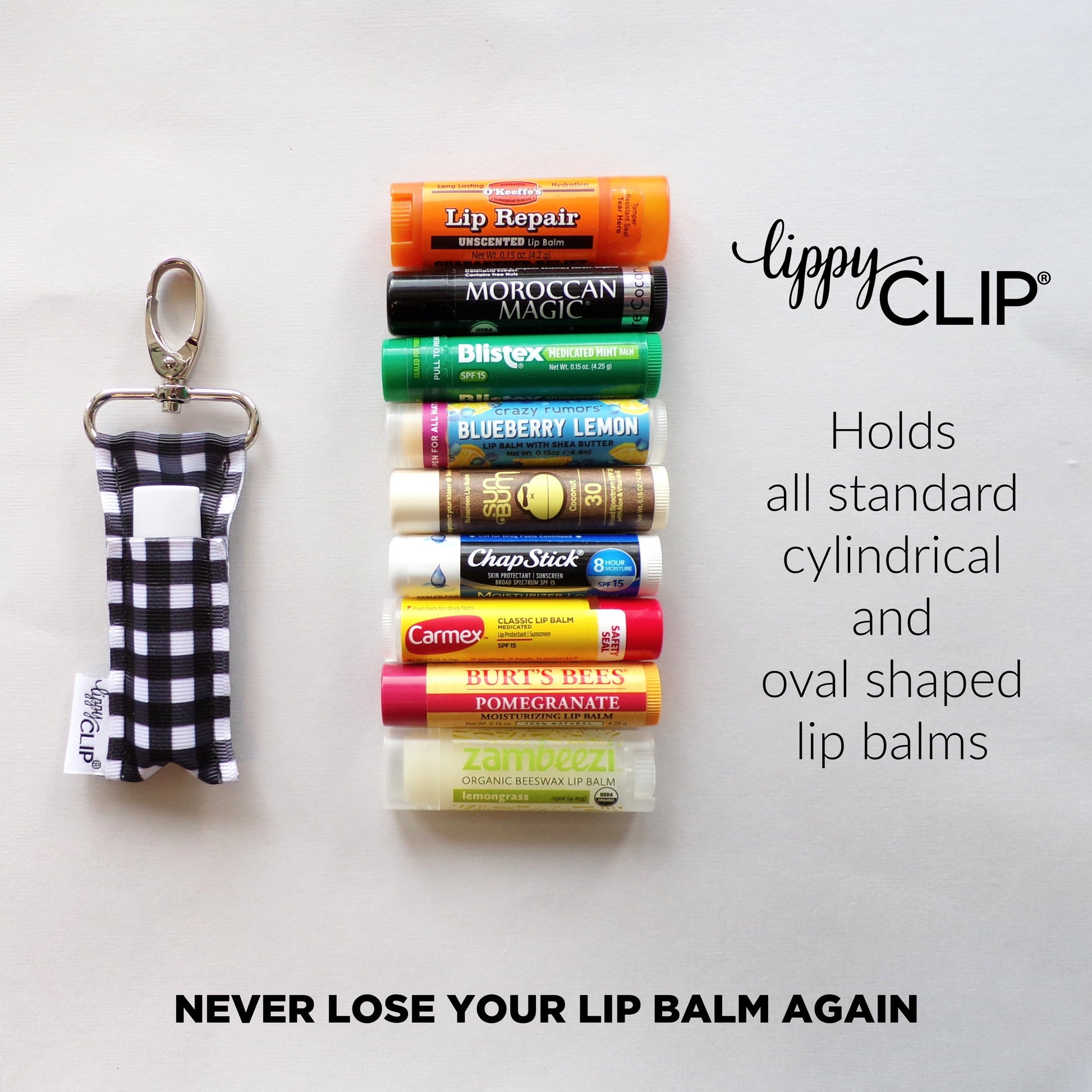 Lippy Clip with lip balms on a white background