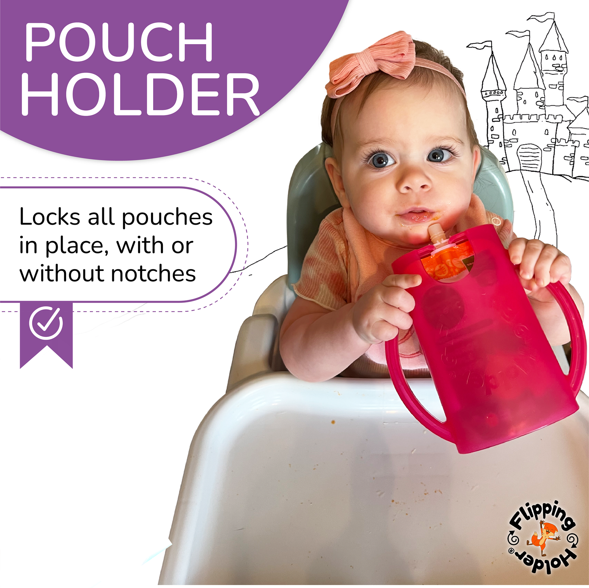 Pouch holder with lid and two handles, shown in use with a baby