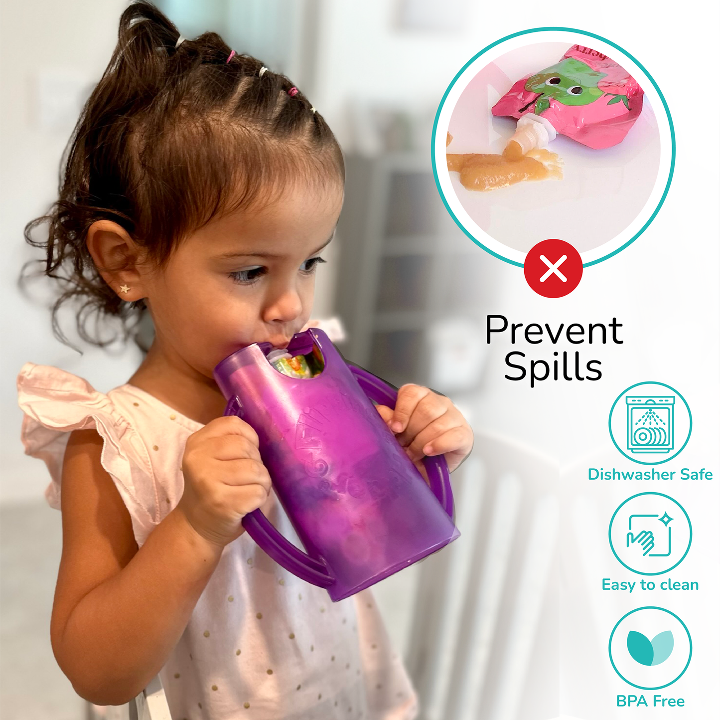 Purple flipping pouch holder with lid held by a child during snack time