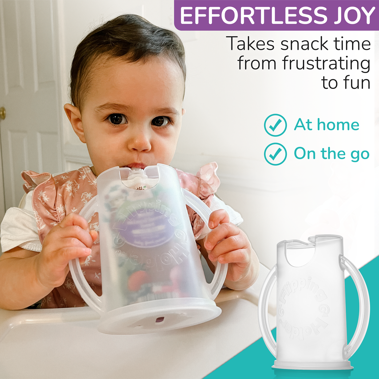 White flipping pouch holder with lid on tabletop, used by an infant