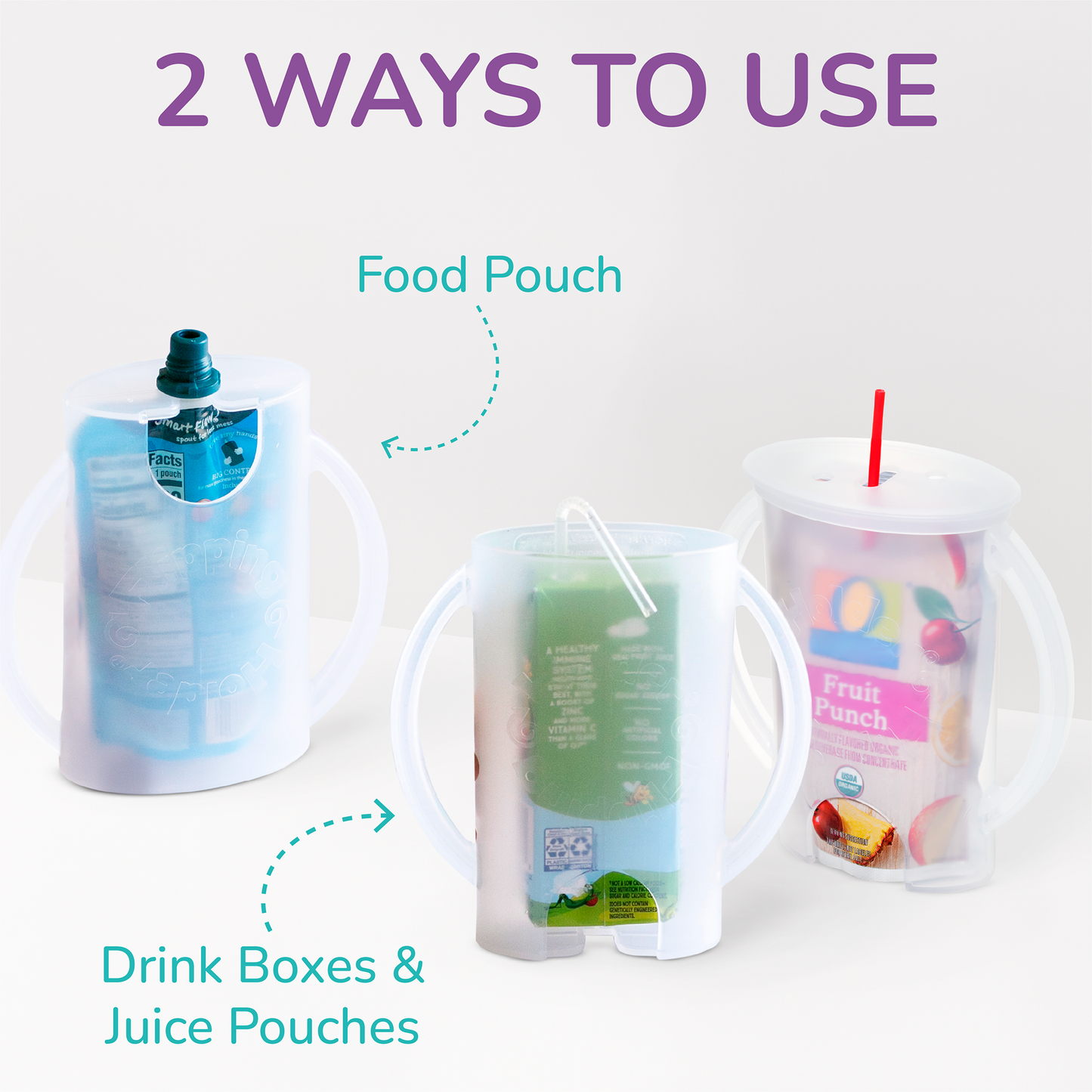 Clear pouch and drink holders with lids and handles, displayed together