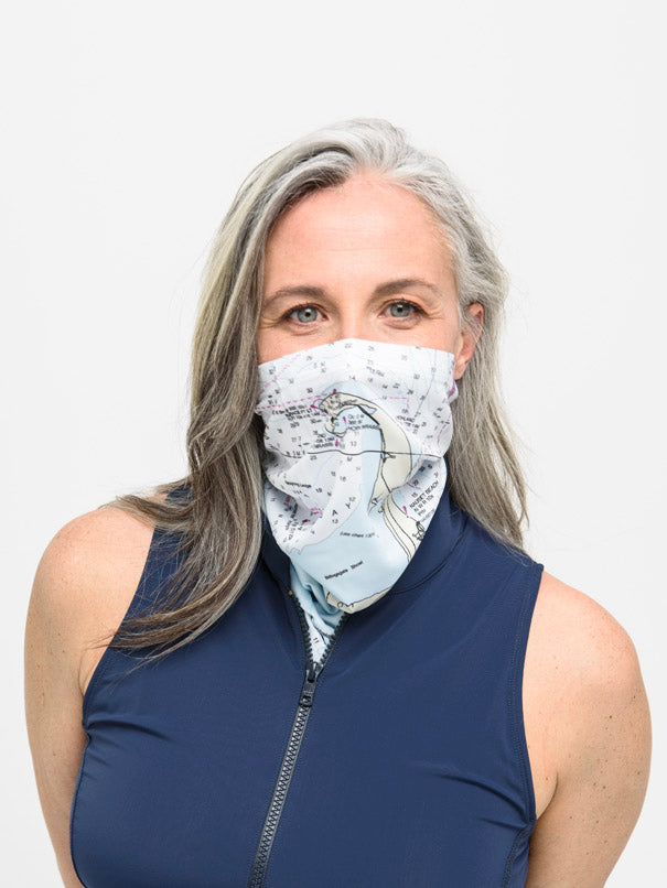 Solar gaiter with white nautical chart print covering nose and mouth