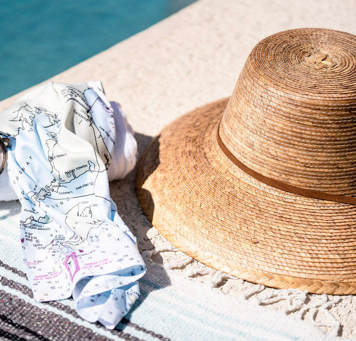 Folded solar gaiter cloth with white nautical chart print