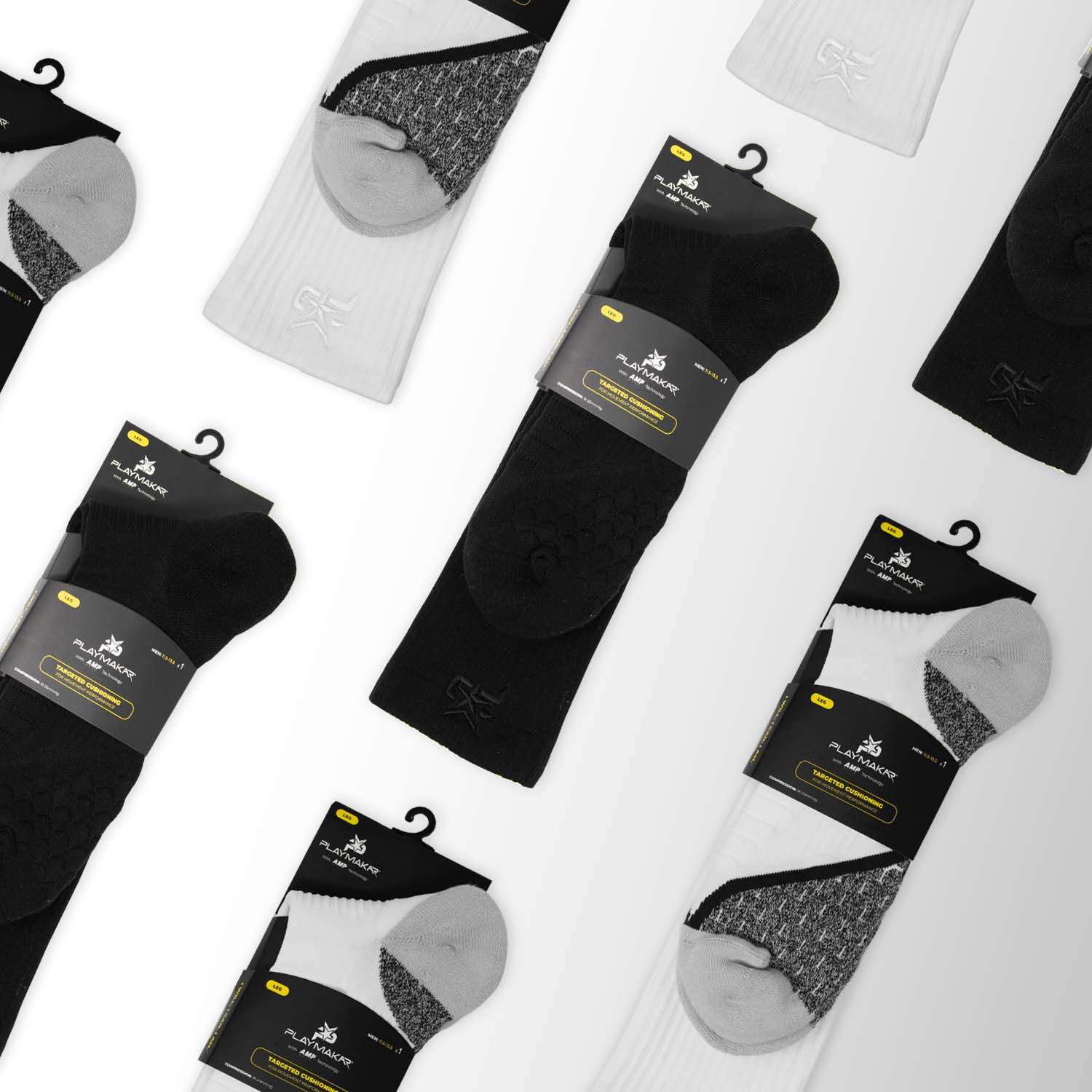 Crew compression socks set in white and black with cushioned heel and toe