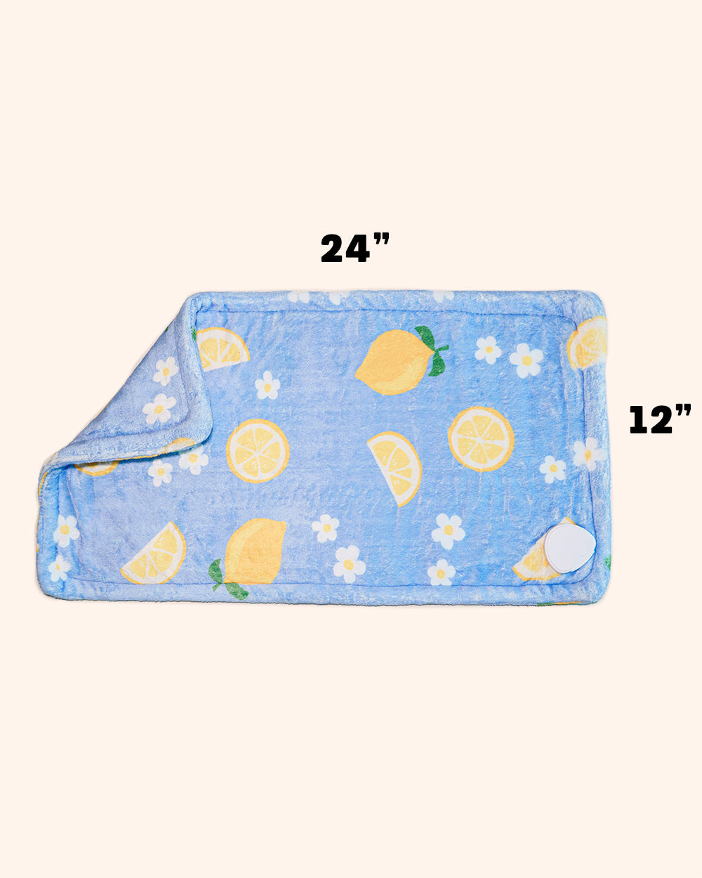 Blue lemon plush heating pad, 24" x 12" rectangle with fabric pocket opening
