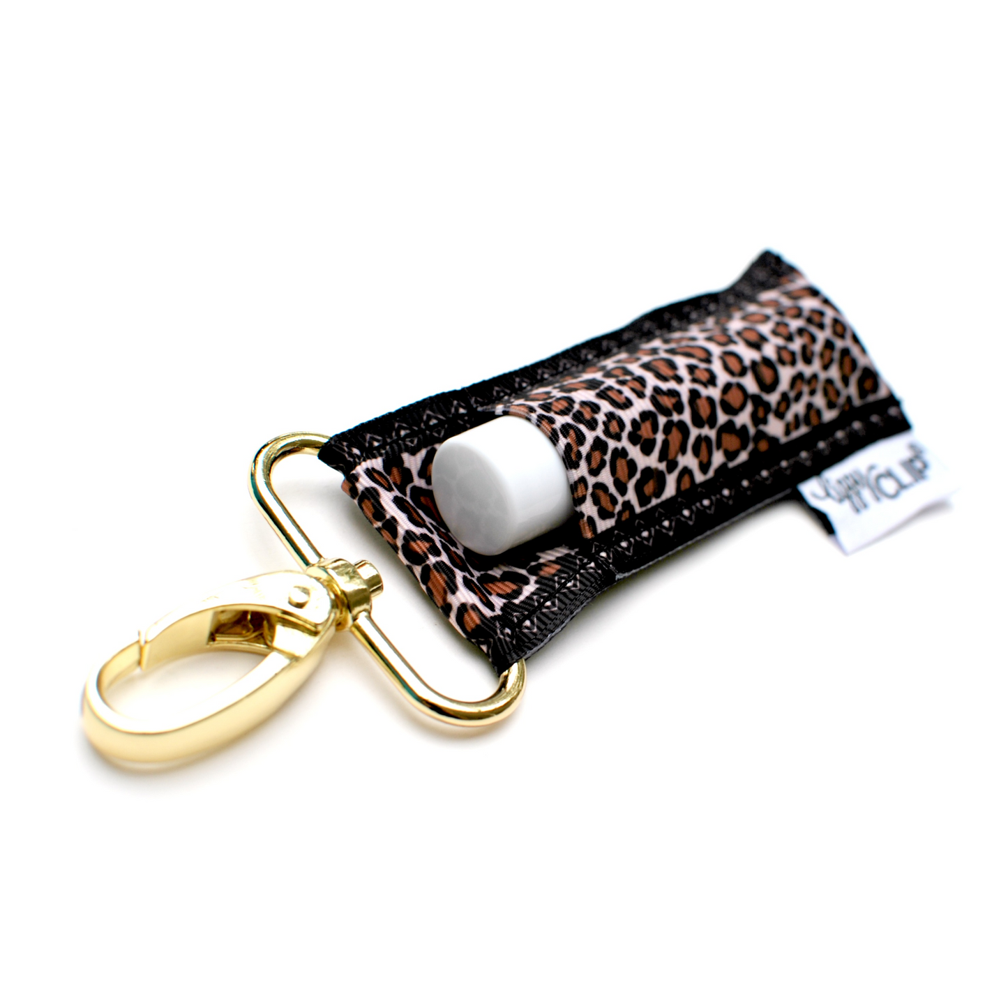 Hand sanitizer keychain with leopard print design on a white background