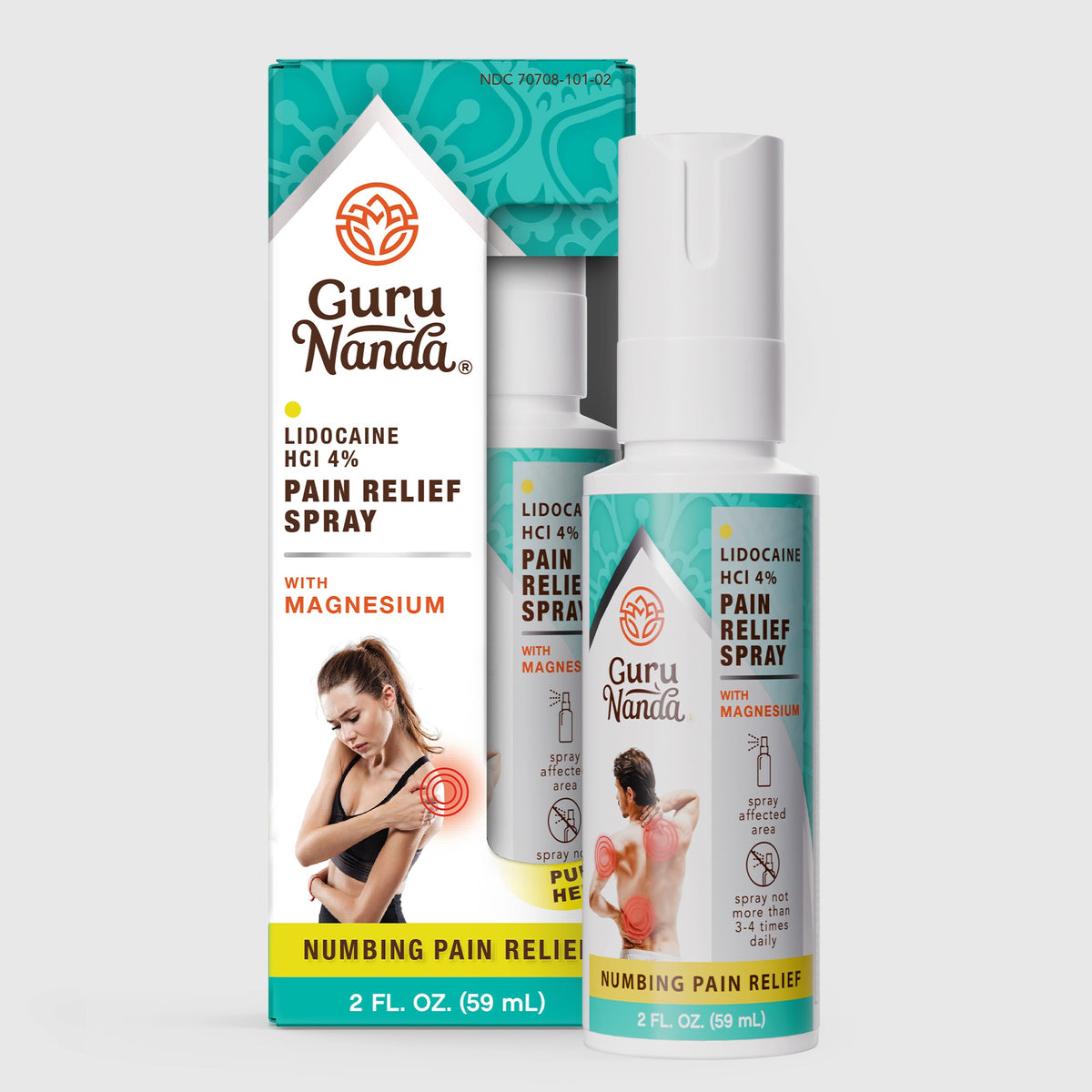 Lidocaine pain relief spray with magnesium, white bottle and box packaging