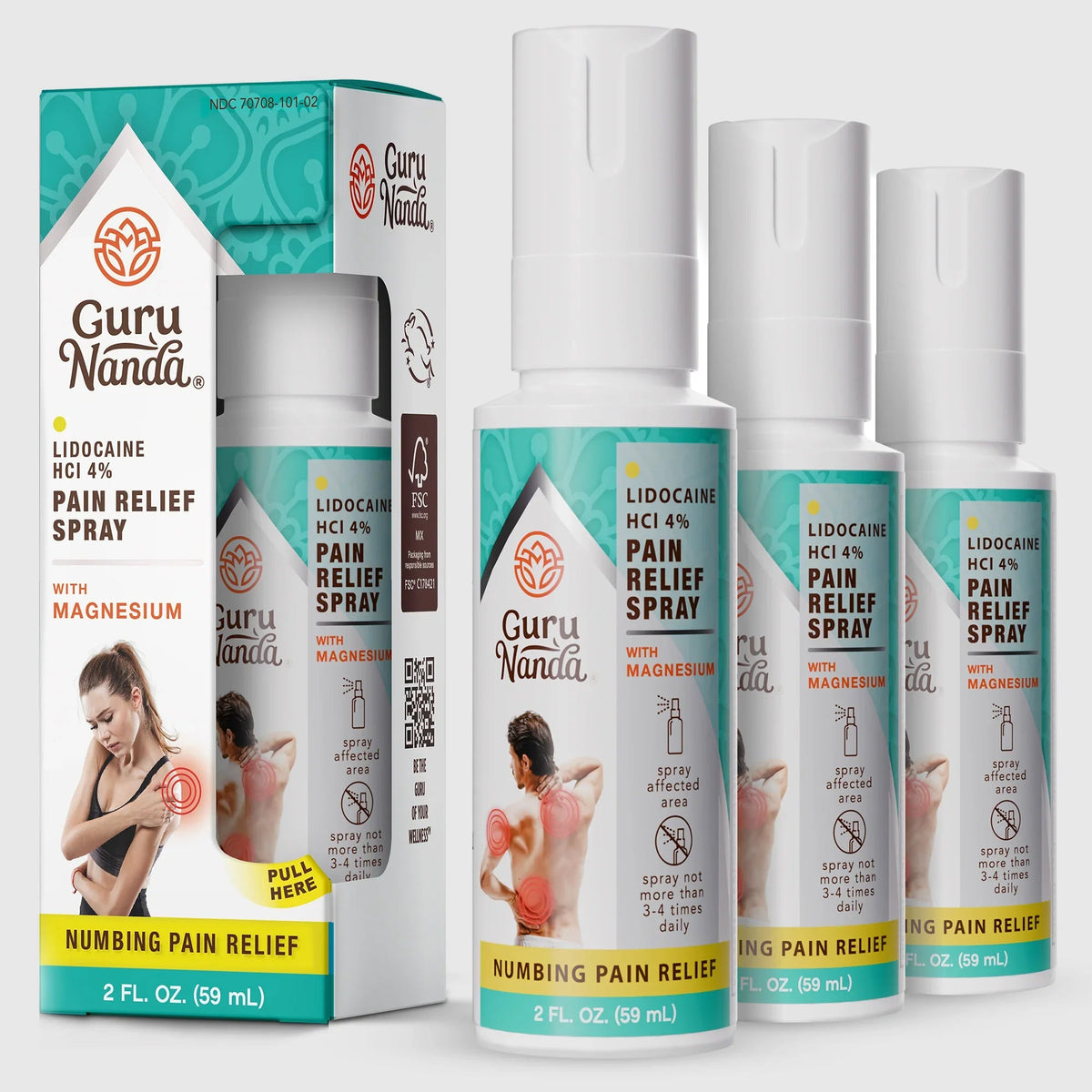 Multiple Lidocaine pain relief spray bottles with magnesium, white caps and teal labels