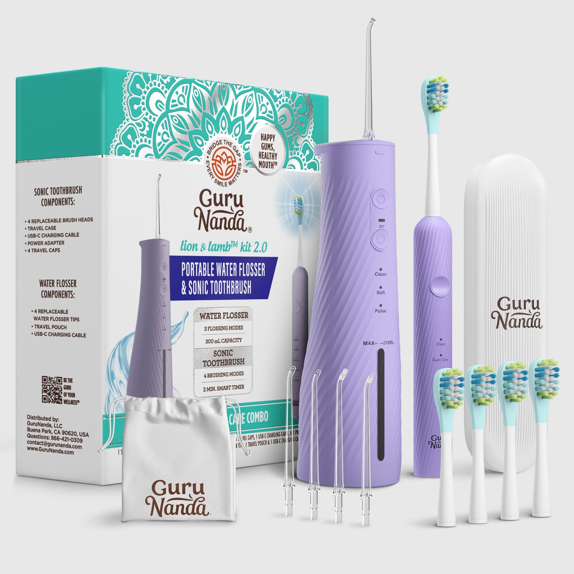 Lavender portable sonic toothbrush and water flosser kit with brush heads and tips