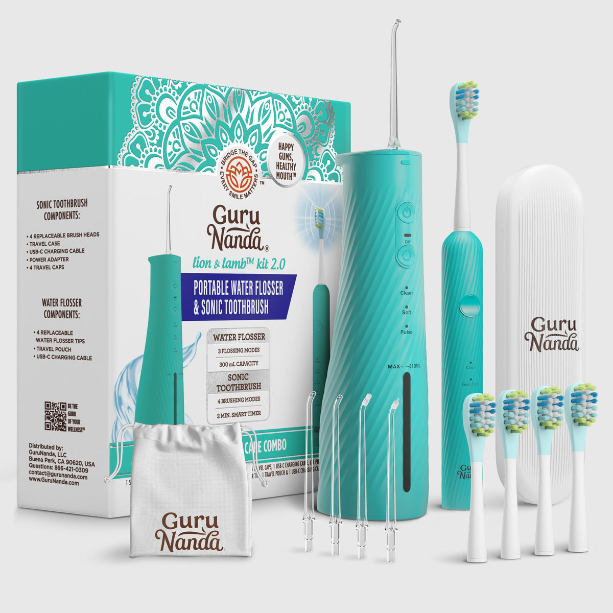Teal portable sonic toothbrush and water flosser kit with brush heads and travel pouch