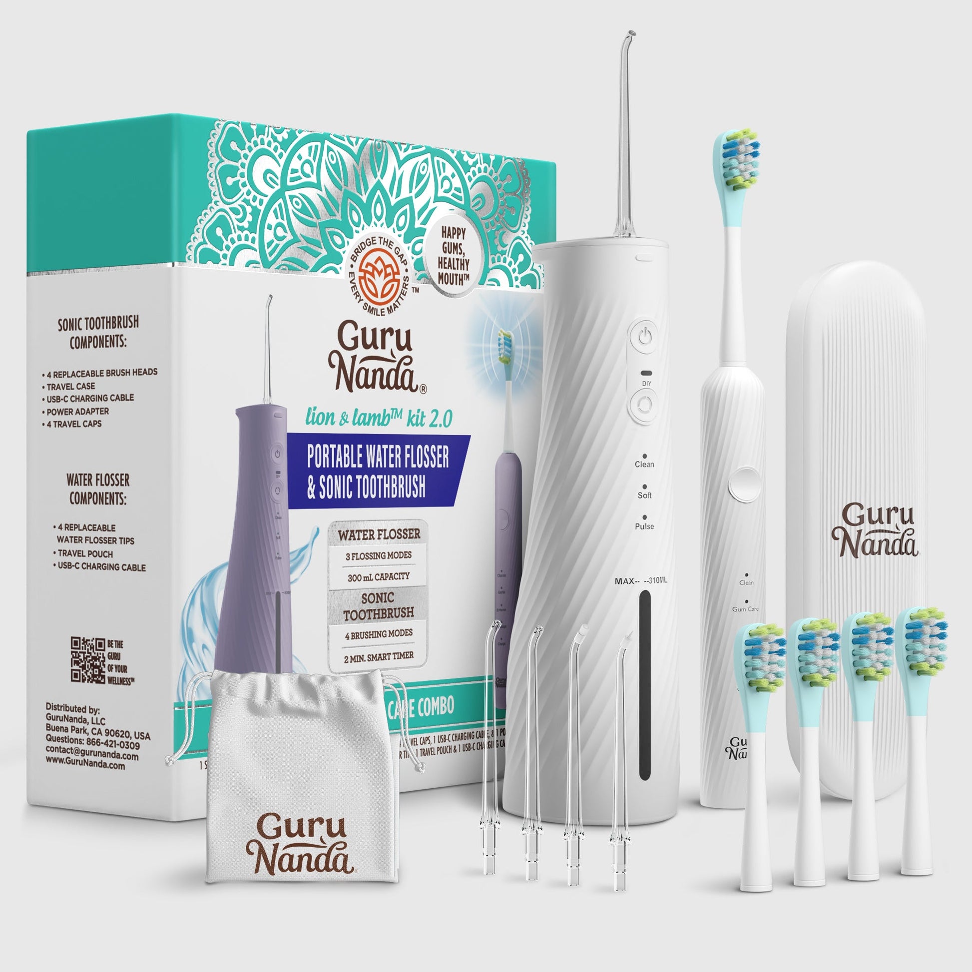 Portable sonic toothbrush and water flosser kit with teal handle and white body, plus heads.