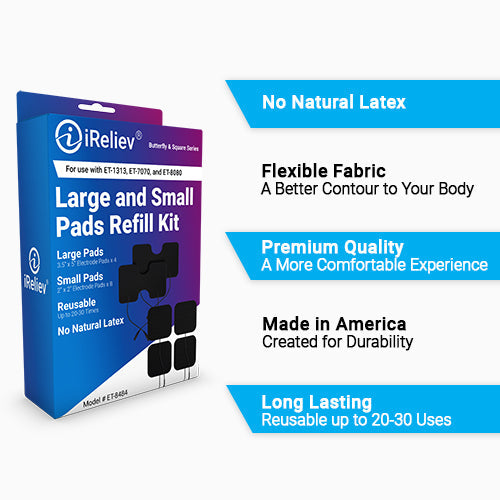 Large and small electrode pad refill kit in retail box with black sticky pads