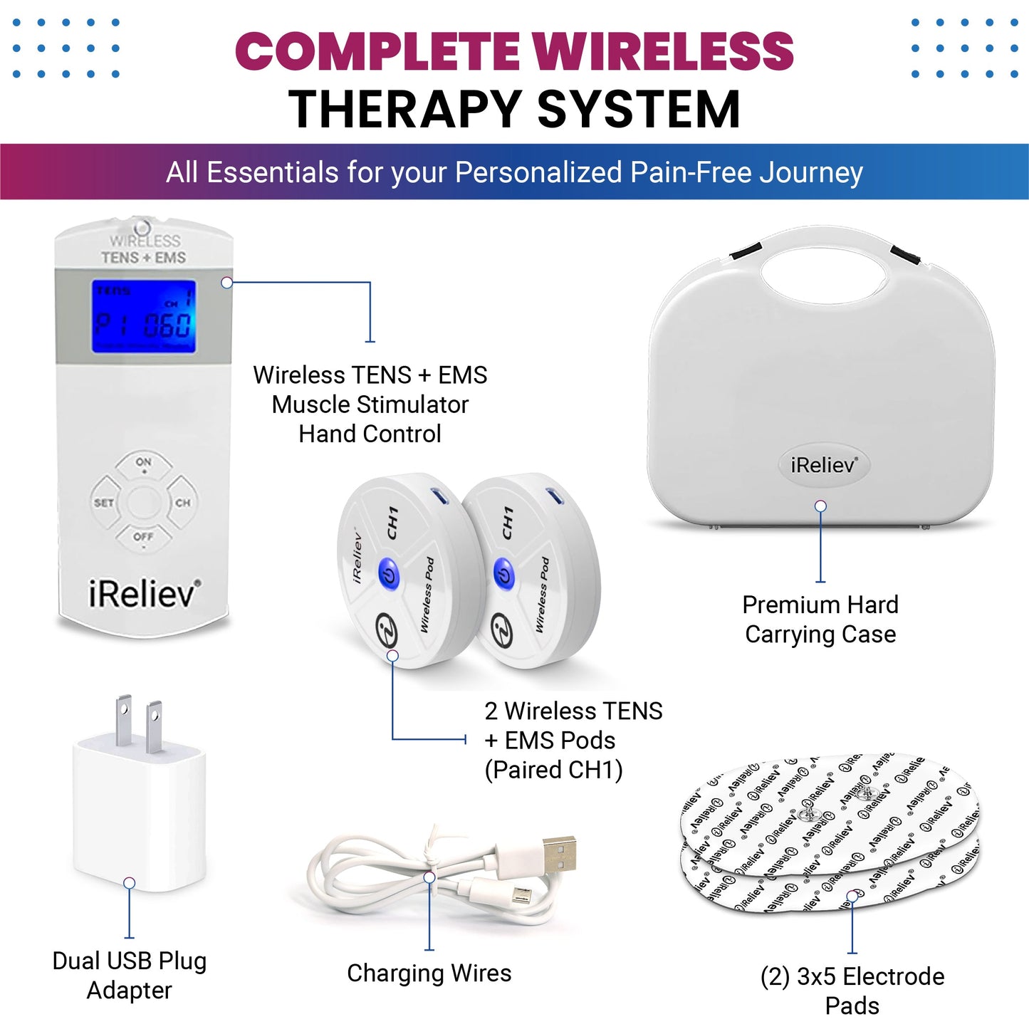 Wireless therapeutic system kit with hand control, wireless pods, electrode pads, and charging cable