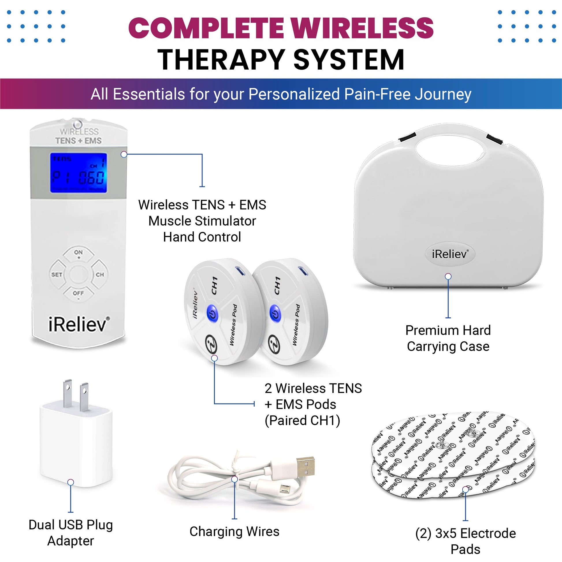 Wireless therapeutic system kit with hand control, wireless pods, electrode pads, and charging cable