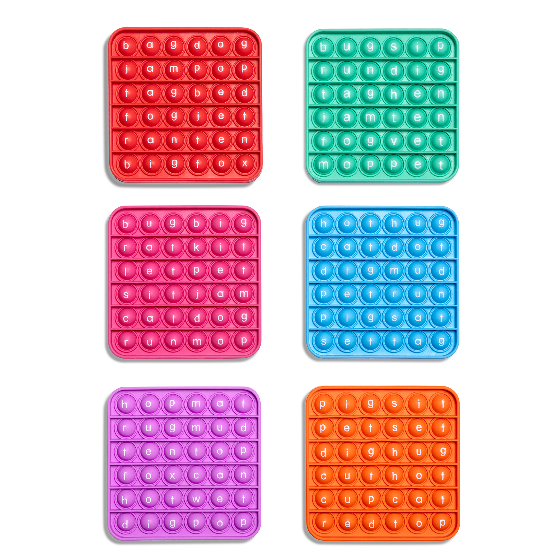 Set of six CVC letter pop fidget mats: red, teal, pink, blue, purple, and orange