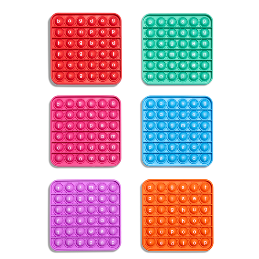 Set of six CVC letter pop fidget mats: red, teal, pink, blue, purple, and orange