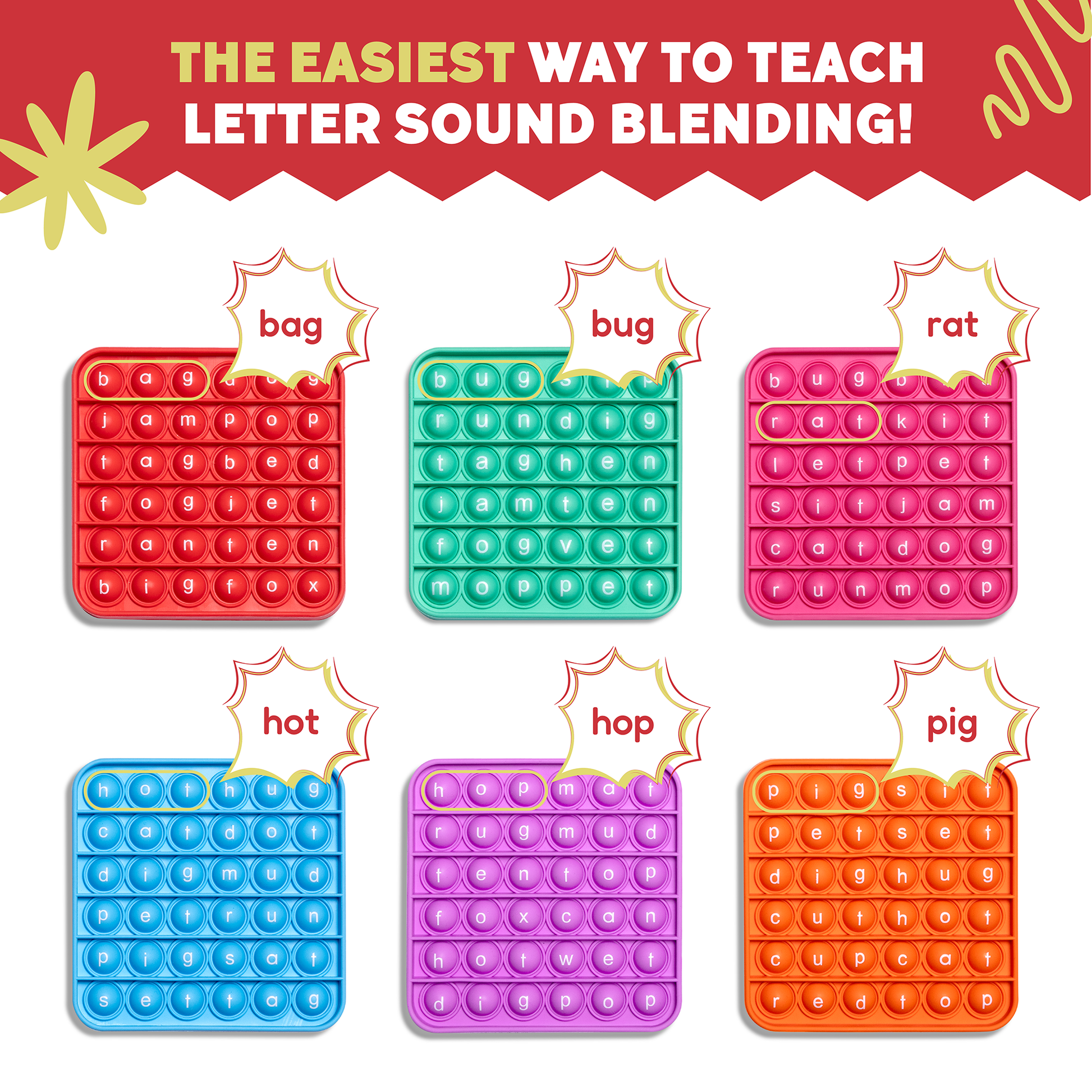 Assorted CVC fidget mats with round letter bubbles in red, green, pink, blue, orange