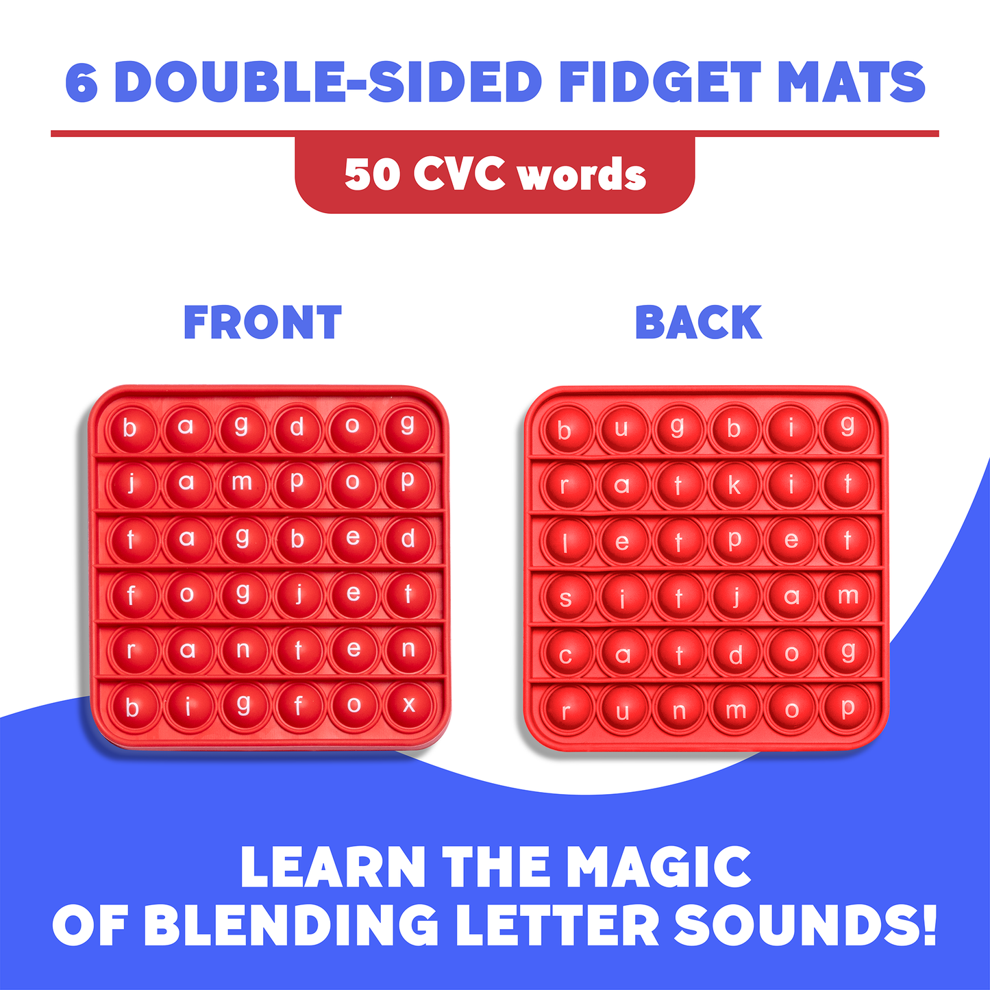 Double-sided red CVC fidget mats with round letter bubbles for front and back