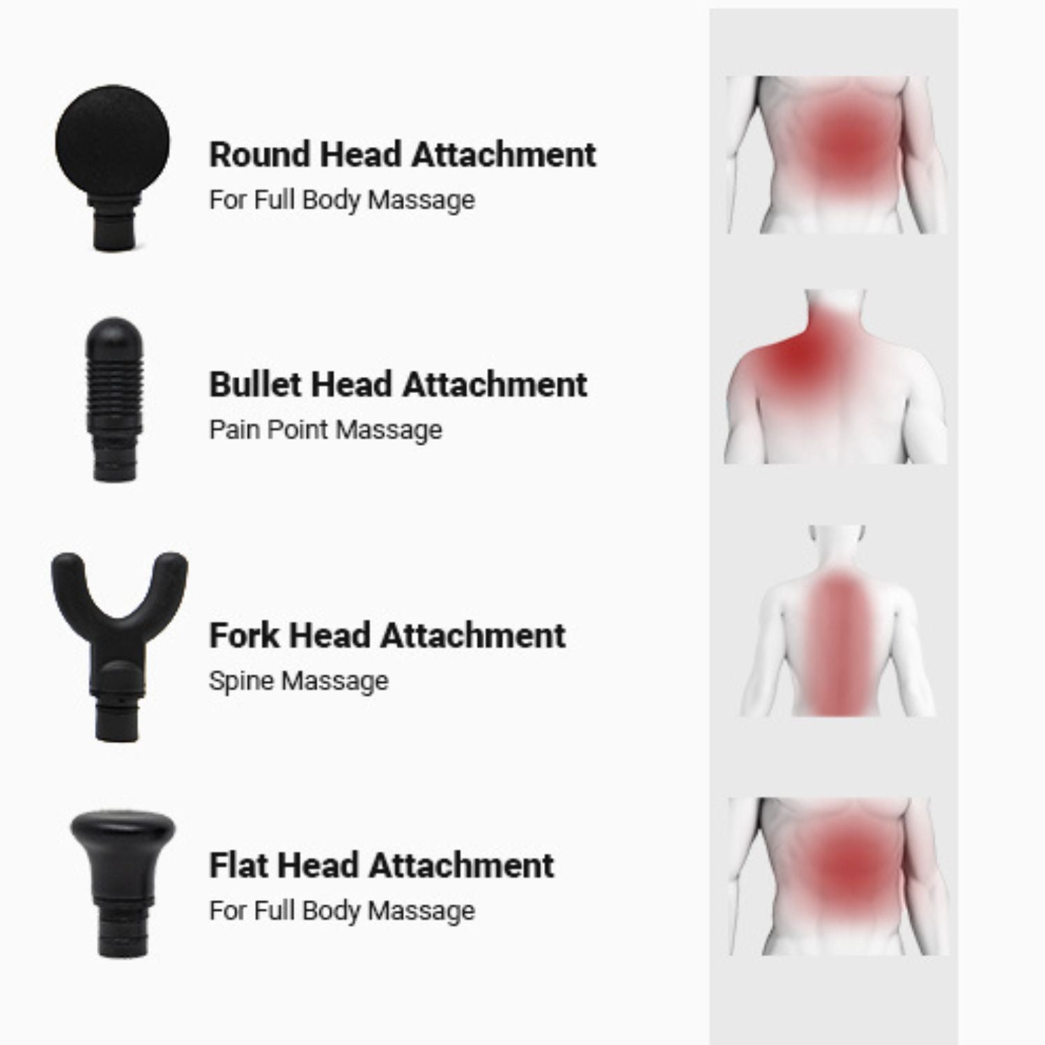 Set of four massage gun attachments: round, bullet, fork, and flat heads