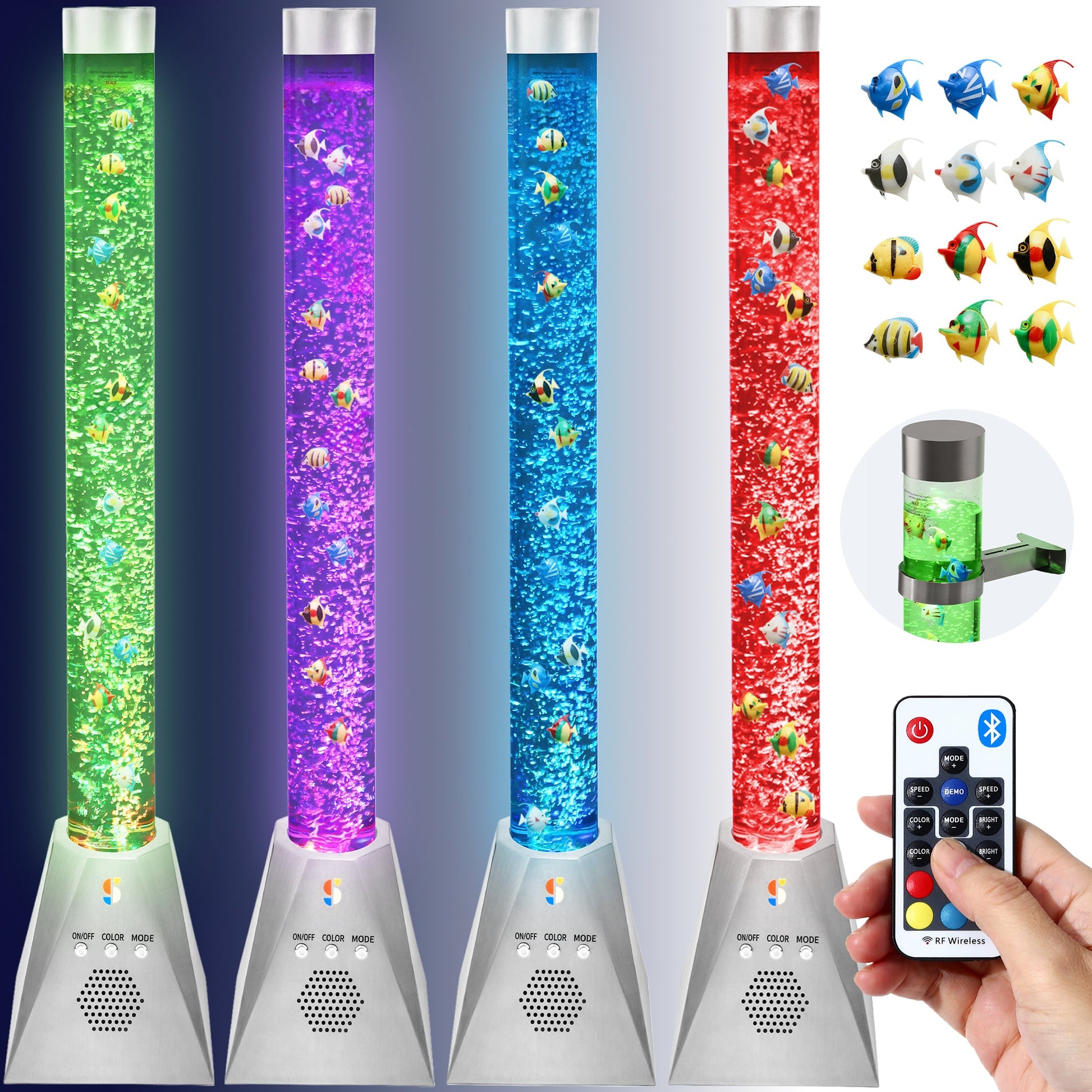 Aquarium bubble tube lamp set with green, purple, blue, and red tubes plus remote controller