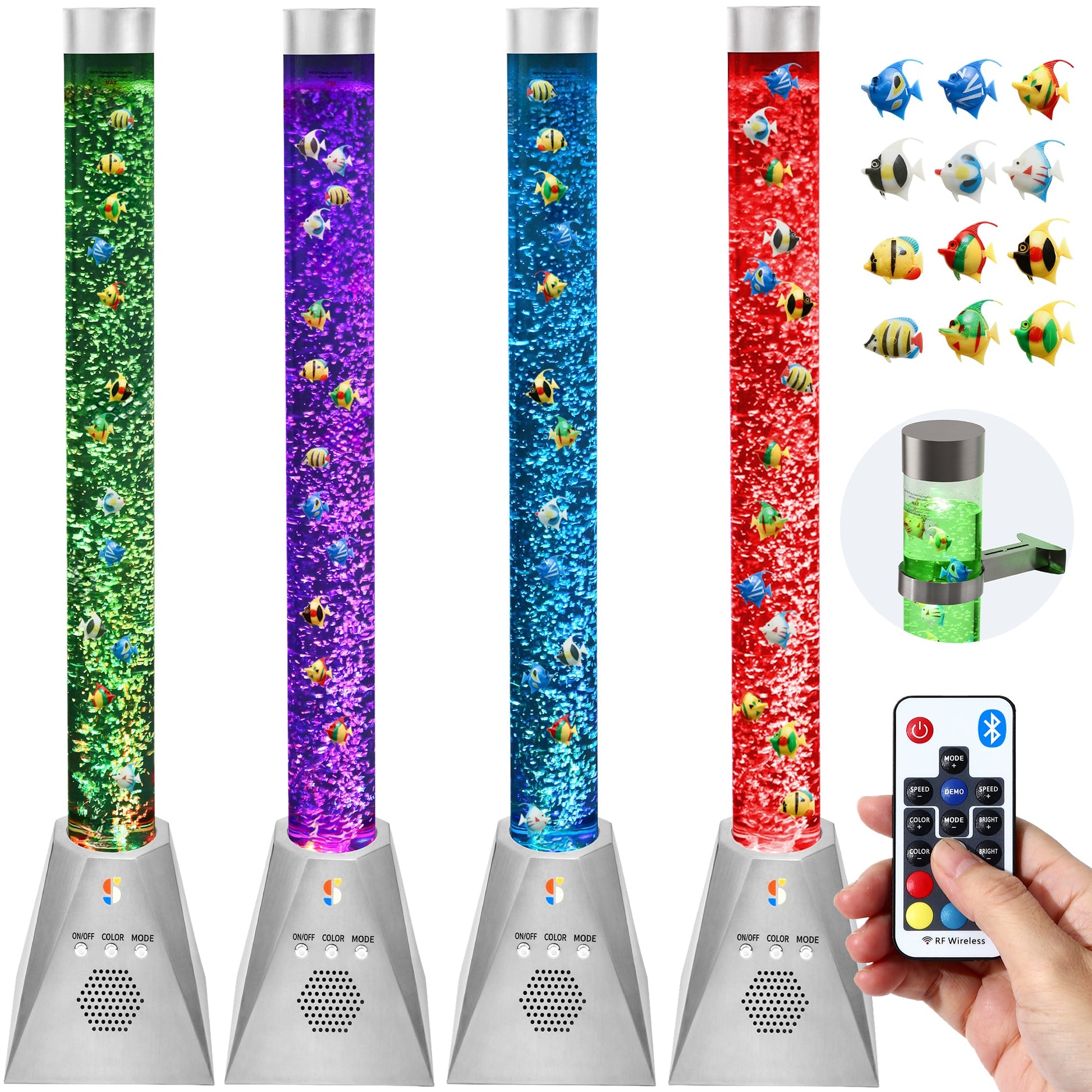Aquarium bubble tube lamp with multicolor tubes and remote controller in hand