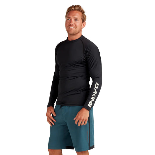 Black crew-neck long-sleeve rashguard with DAKI logo on sleeve cuffs