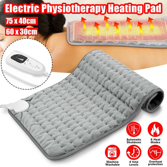Gray electric heating pad with detachable controller cable, quilted fabric surface