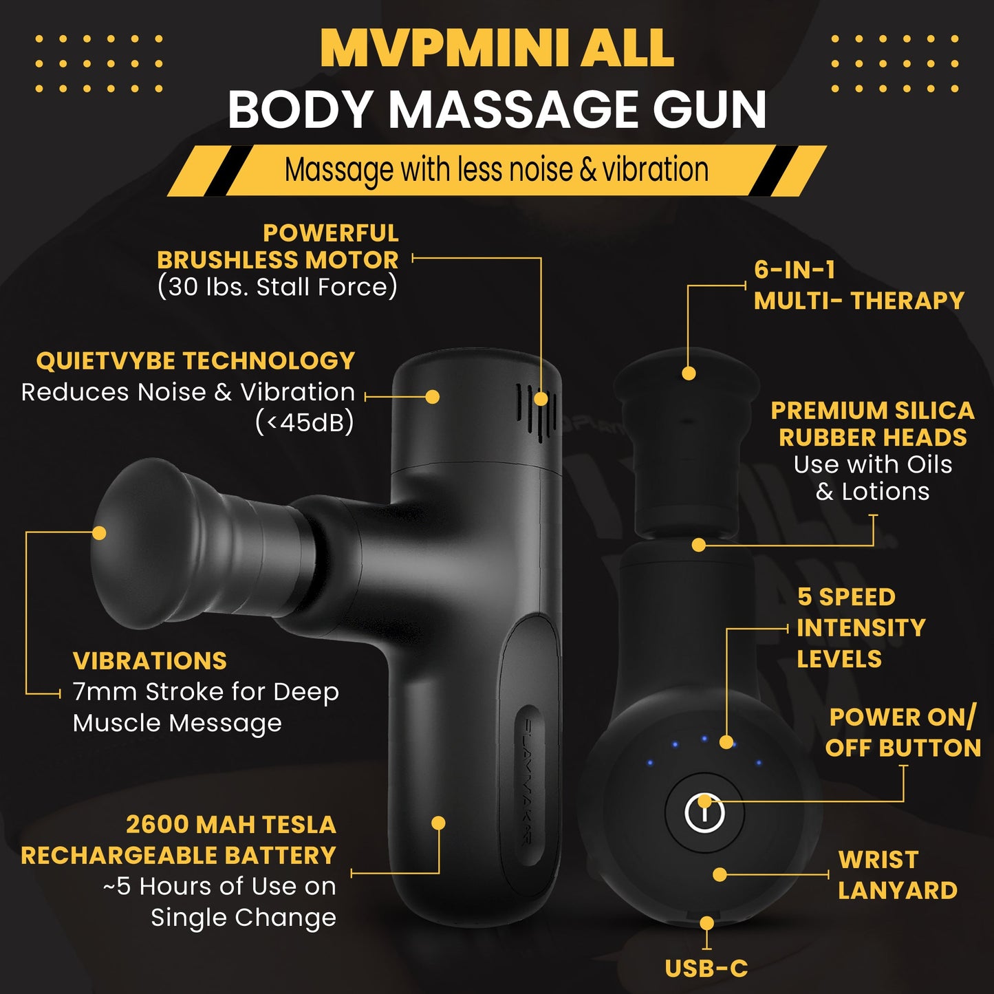 Percussion massage gun with black grip and round head, power button visible