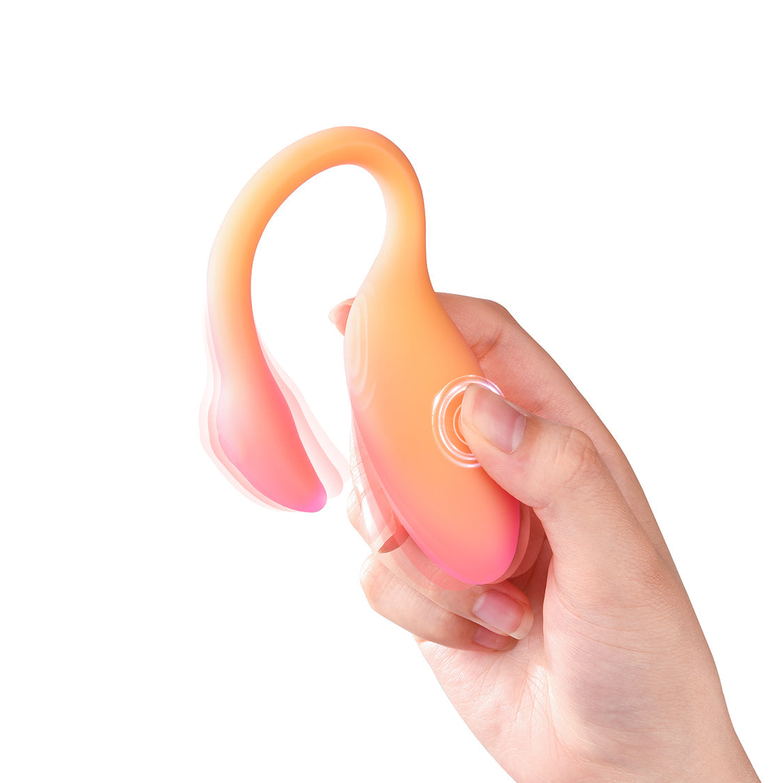 Orange-to-pink flamingo-shaped personal massager held with fingers
