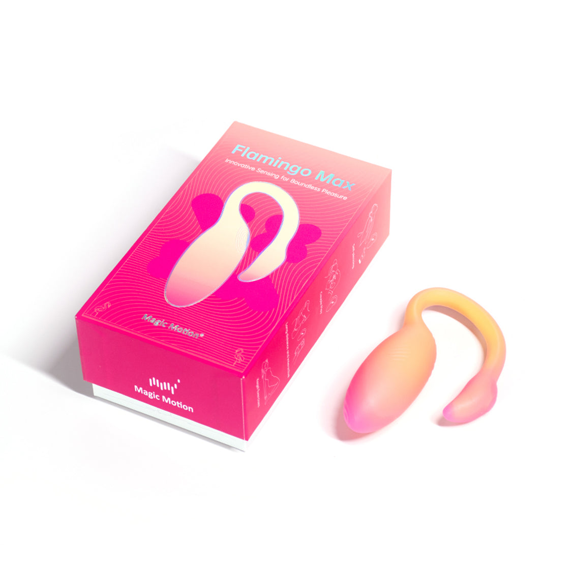 Pink flamingo-shaped personal massager with retail packaging box