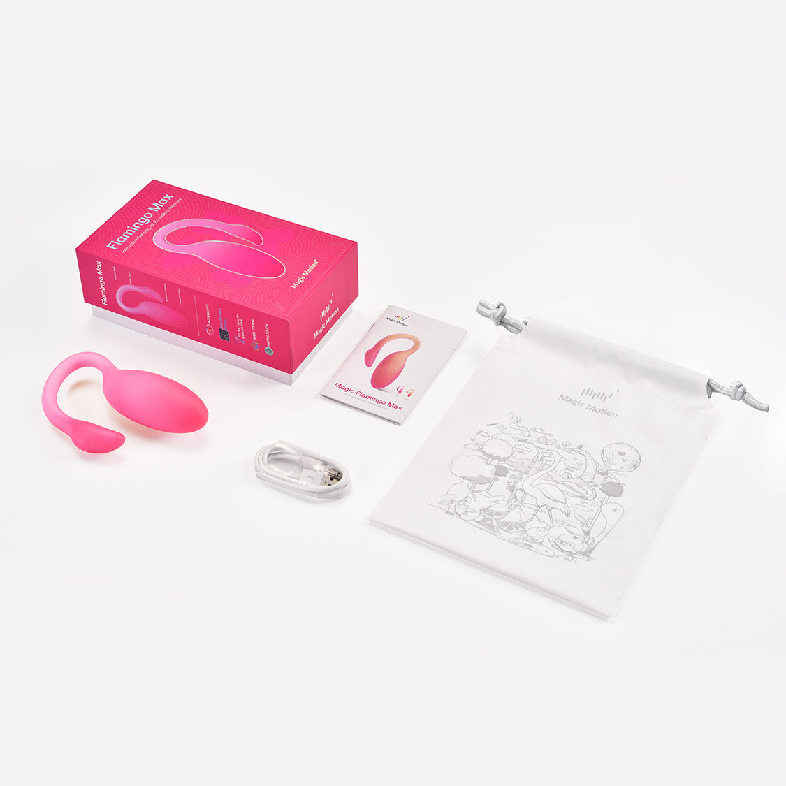 Pink flamingo-shaped personal massager kit with cable and instruction card