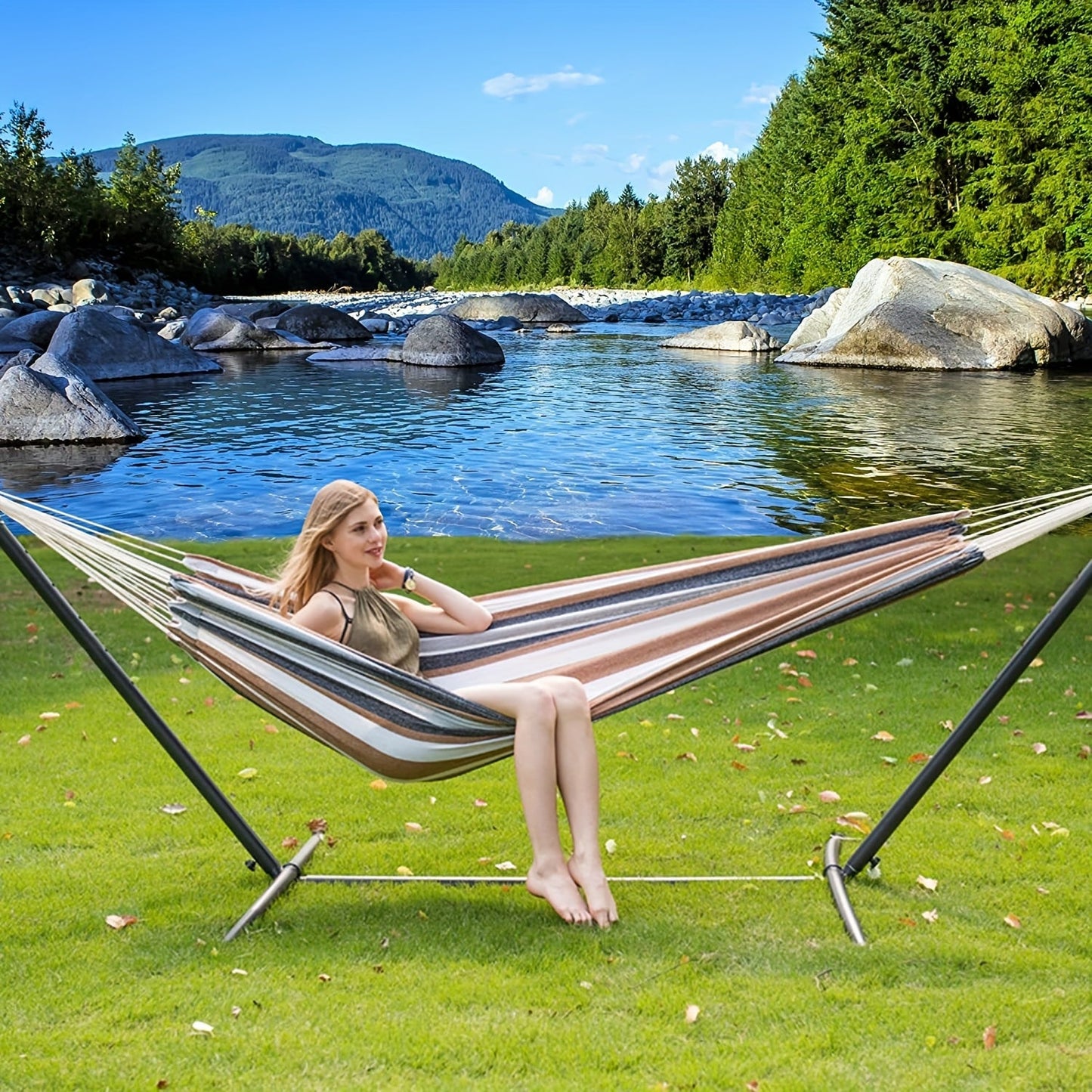 Heavy Duty Double Hammock with Steel Stand 450lbs Portable Outdoor Indoor Blue 2Dropme