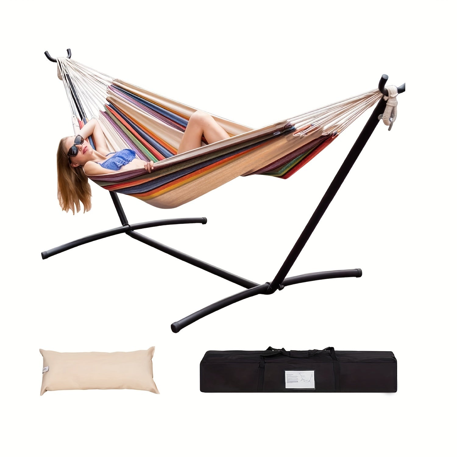 Heavy Duty Double Hammock with Steel Stand 450lbs Portable Outdoor Indoor Blue 2Dropme