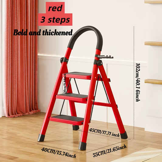 Red 3-step folding step ladder stool with curved handle and black non-slip feet