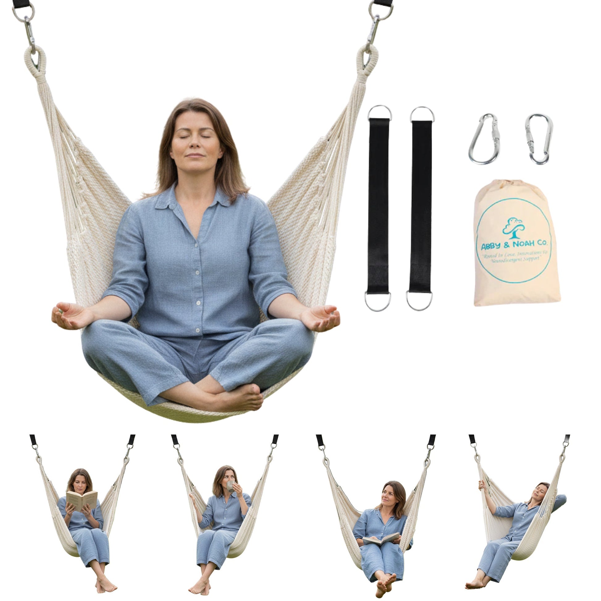 Handwoven cotton sensory swing hammock in beige with hanging straps and carabiners