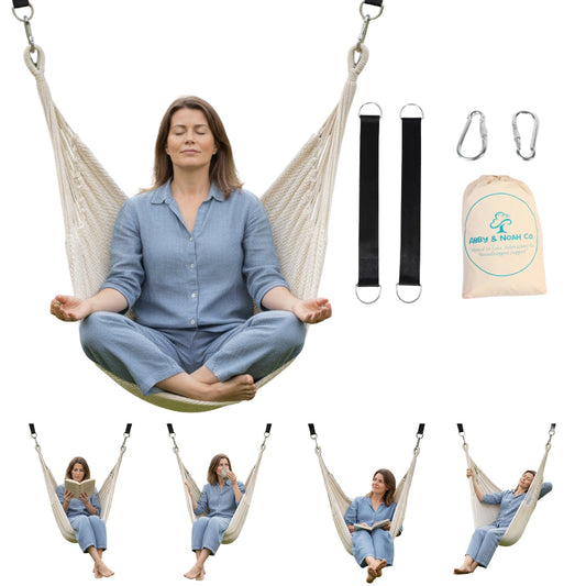 Handwoven cotton sensory swing hammock in beige with hanging straps and carabiners