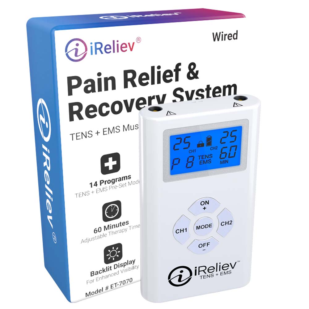 TENS + EMS pain relief system controller with blue LCD display and wired buttons