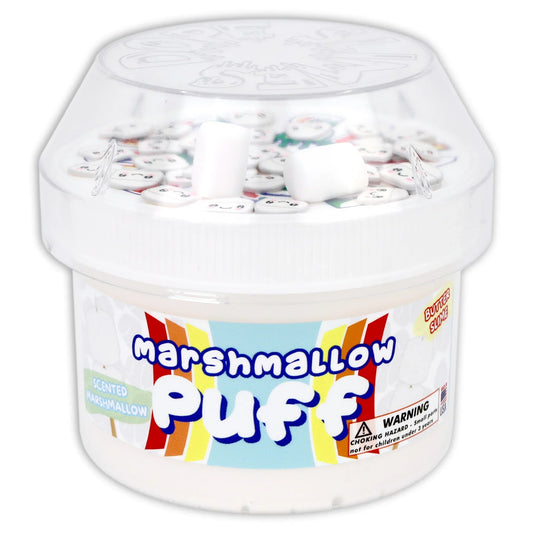 Marshmallow puff slime tub with white lid and colorful label, warning symbol