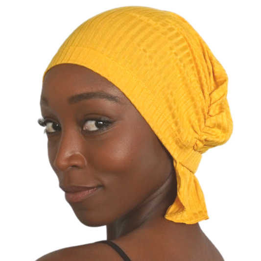 Yellow ribbed knit beanie with folded brim
