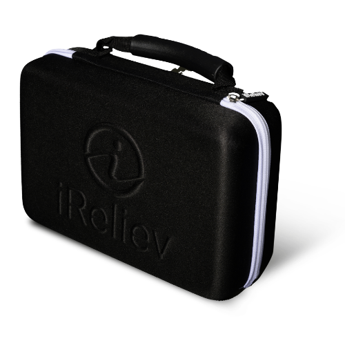 Hard protective carry case with molded logo, black exterior, white zipper trim