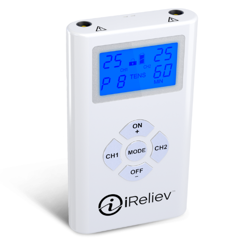 iReliev TENS unit with blue LCD display and control buttons