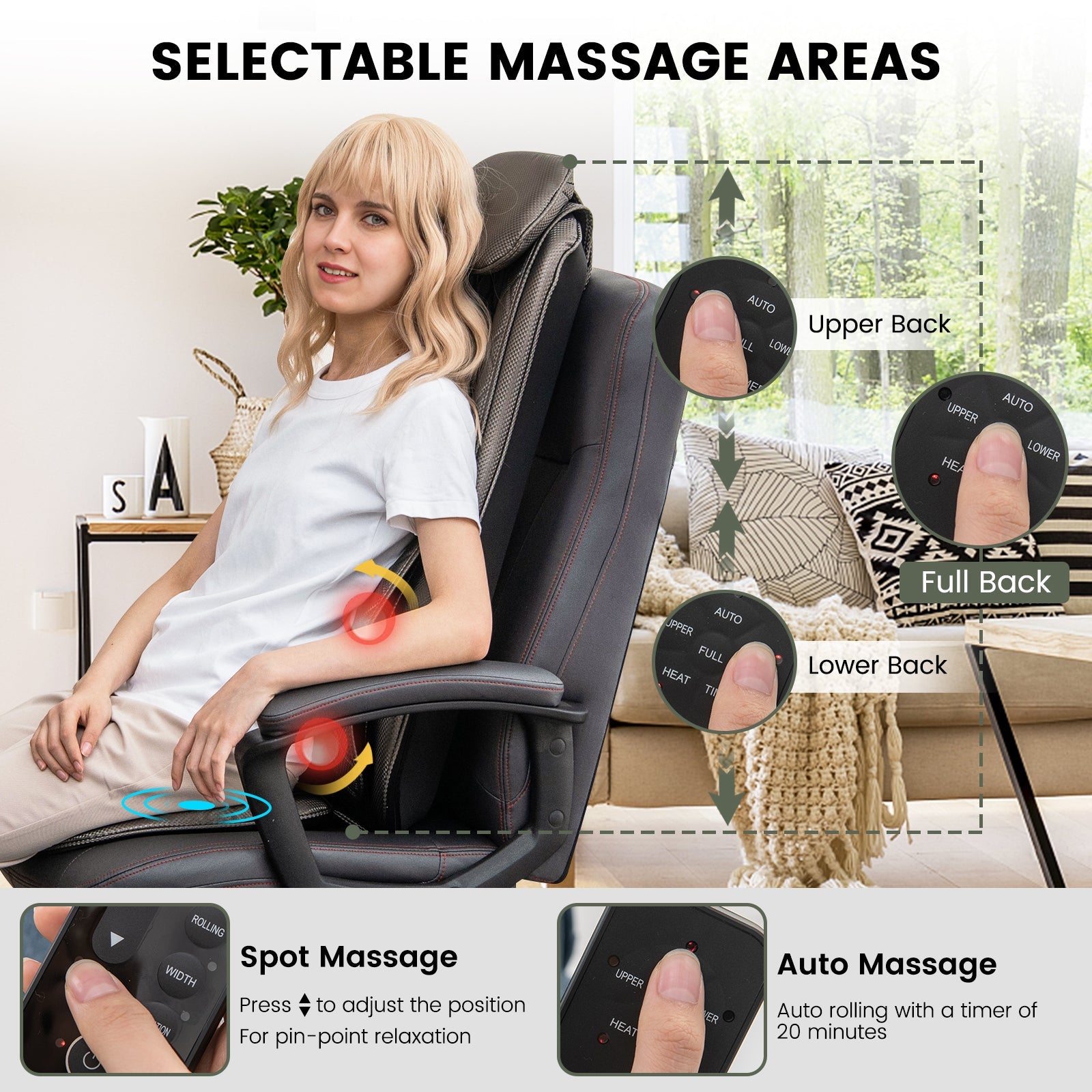 Woman using a massage chair with various massage area options displayed.