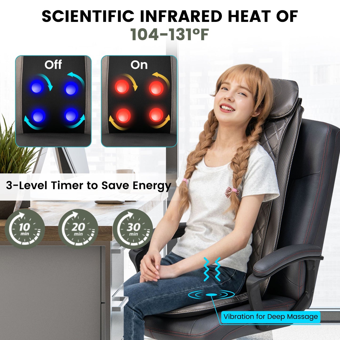 Woman using a massage chair with scientific infrared heat display and timer features.