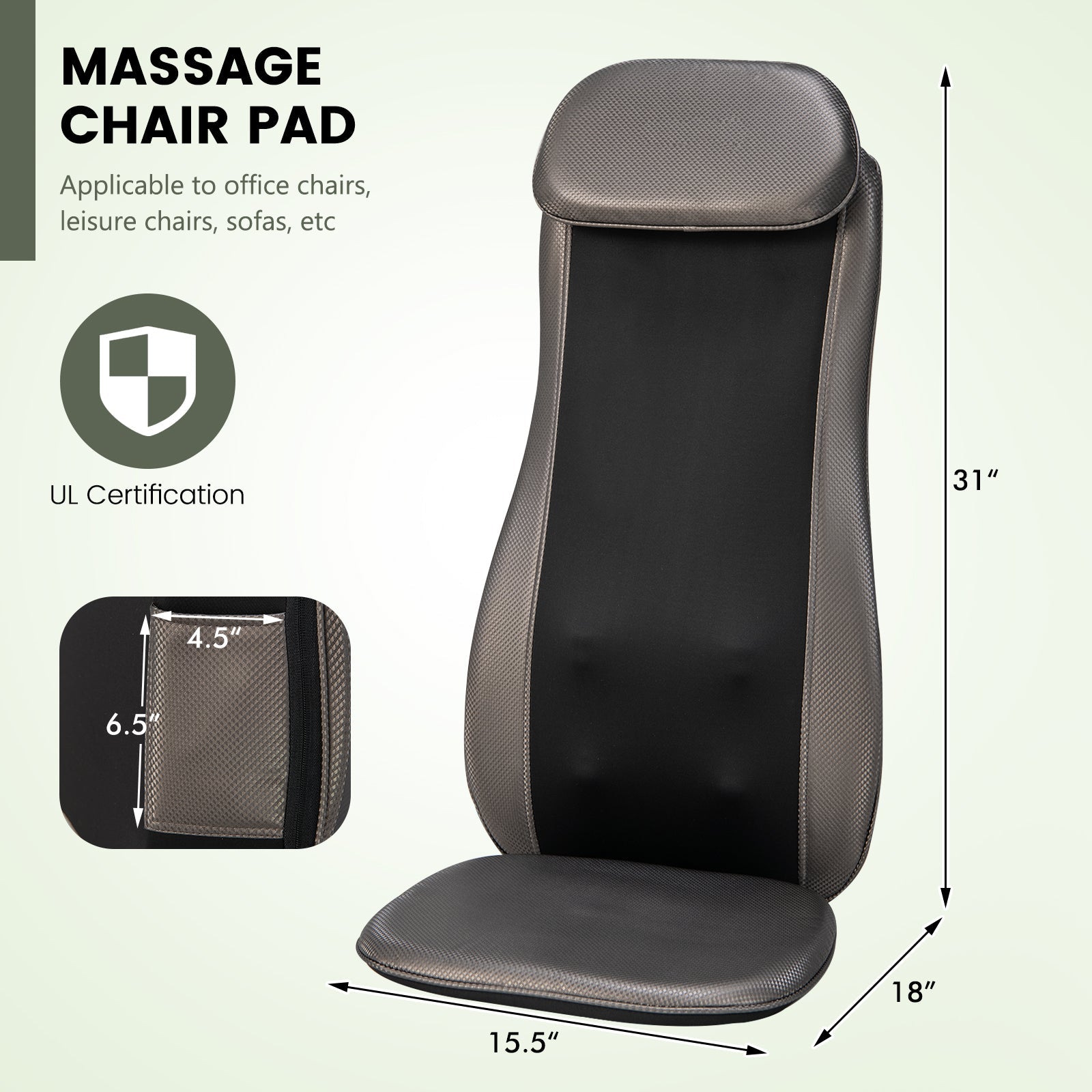 Massage chair pad with dimensions and UL certification logo on a light green background