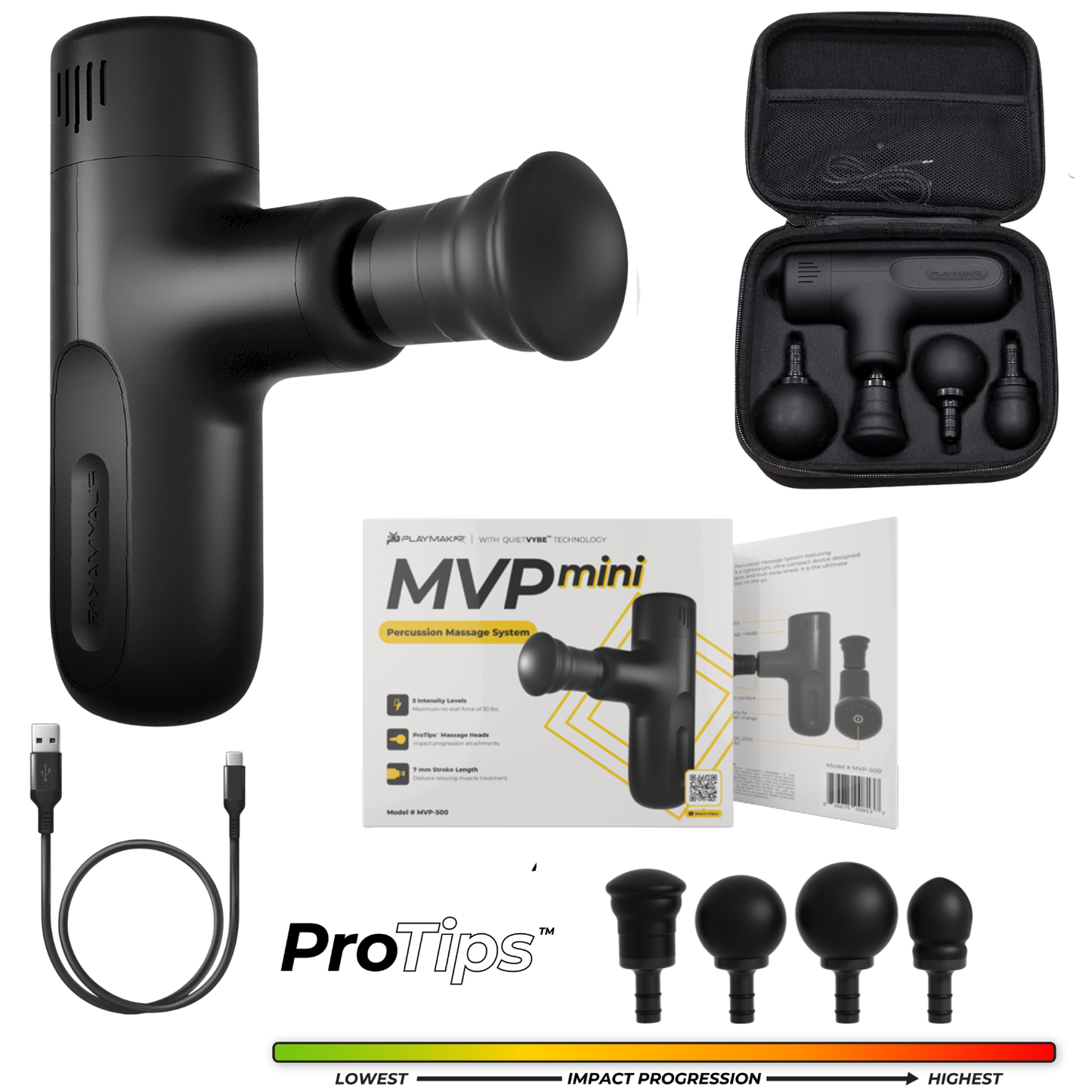 Percussion massage gun with black handle, carrying case, and multiple attachment heads
