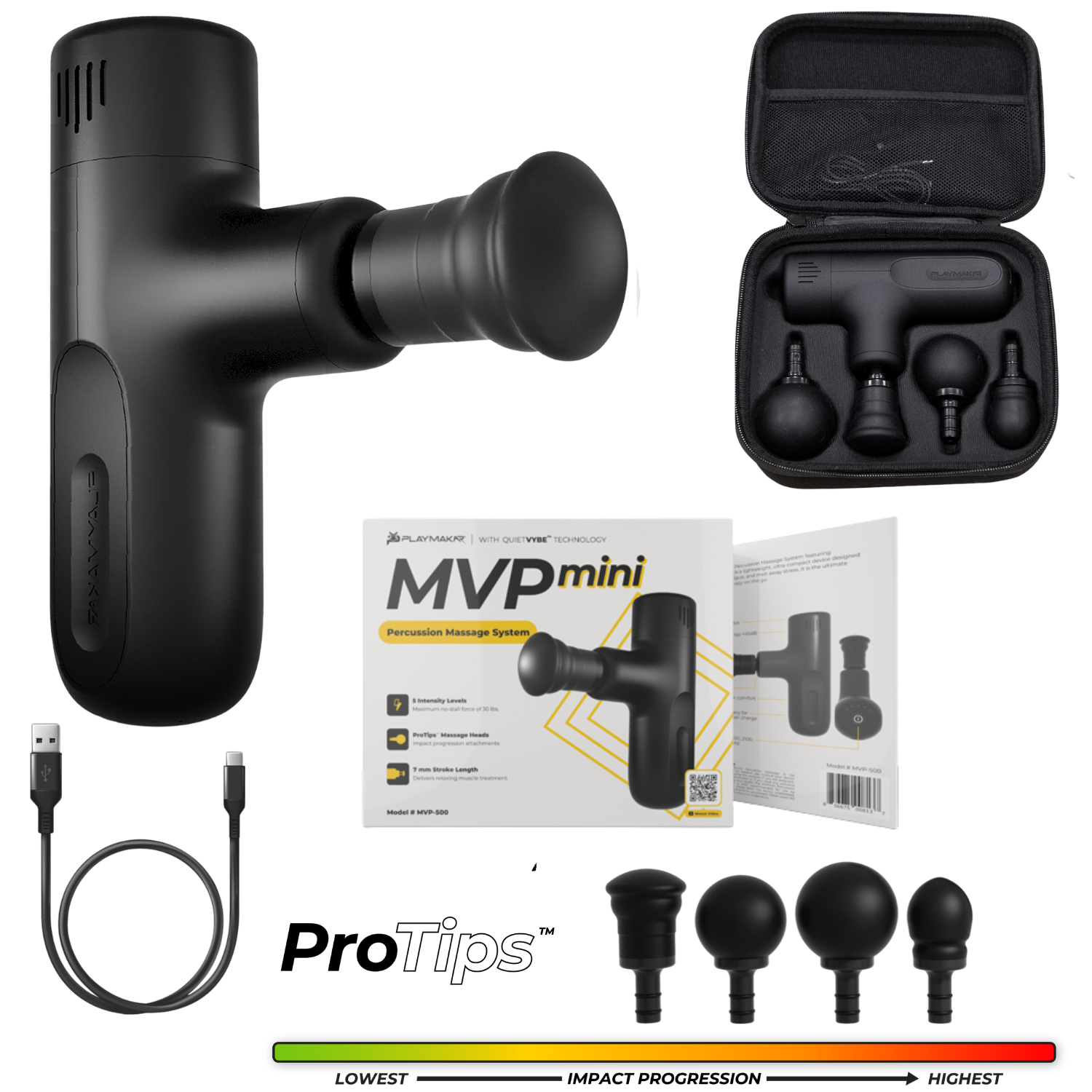 Percussion massage gun with black handle, carrying case, and multiple attachment heads